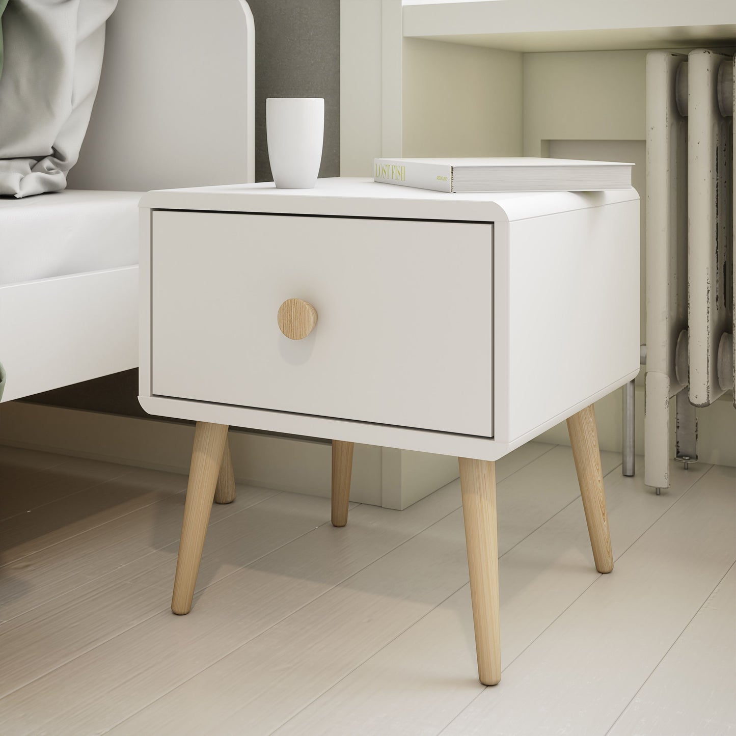 Gaia Bedside Table with 1 Drawer in Pure White