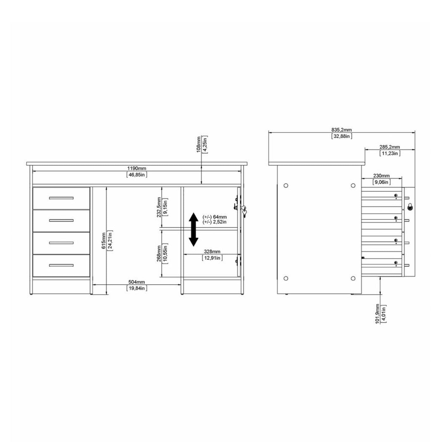 Function Plus White and Grey Desk with 4 Drawers 1 Door