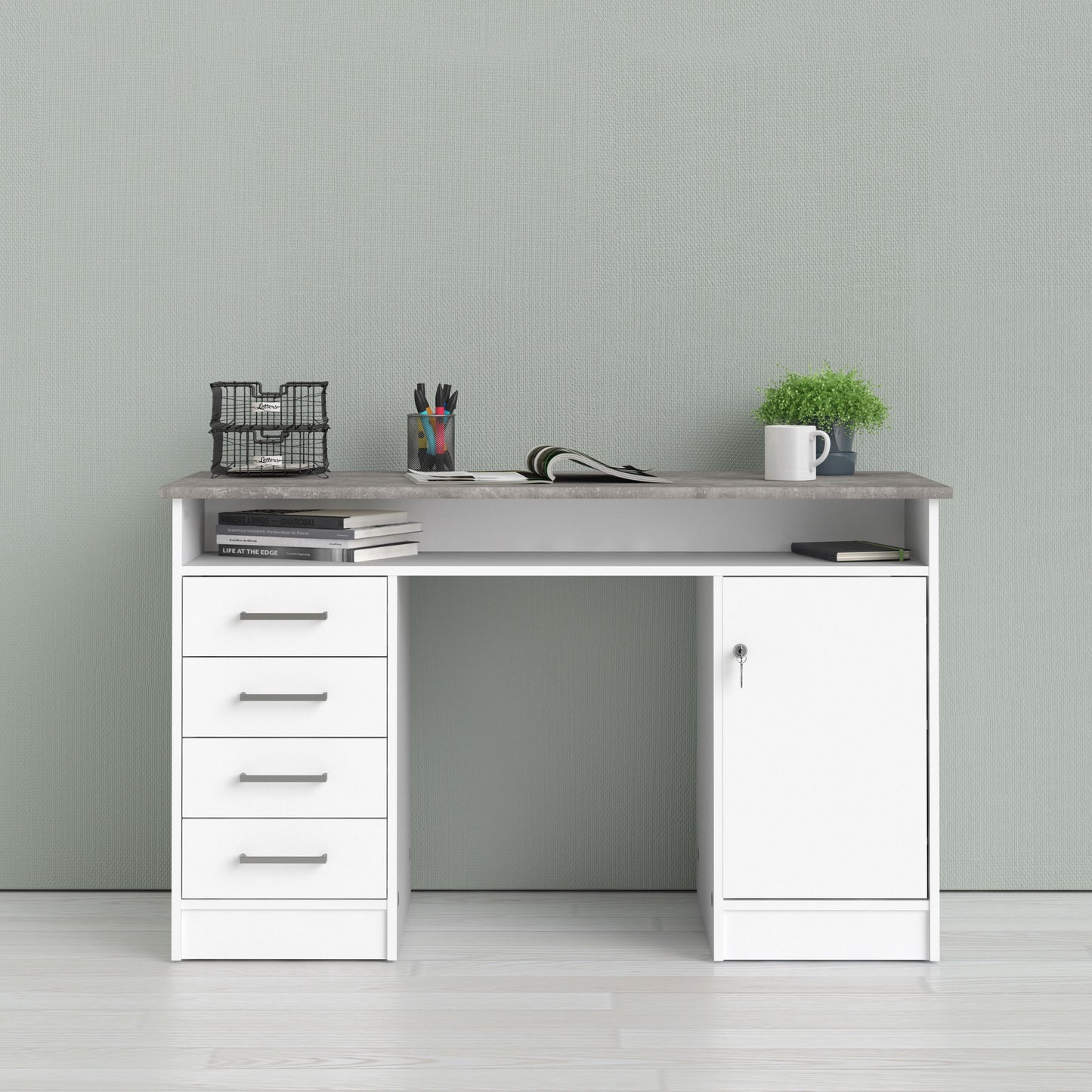 Function Plus White and Grey Desk with 4 Drawers 1 Door