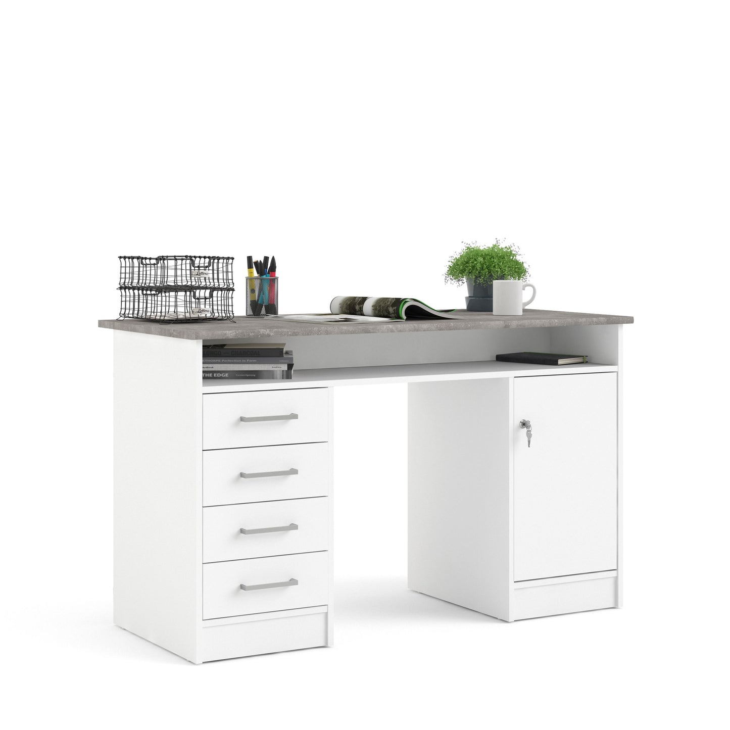 Function Plus White and Grey Desk with 4 Drawers 1 Door