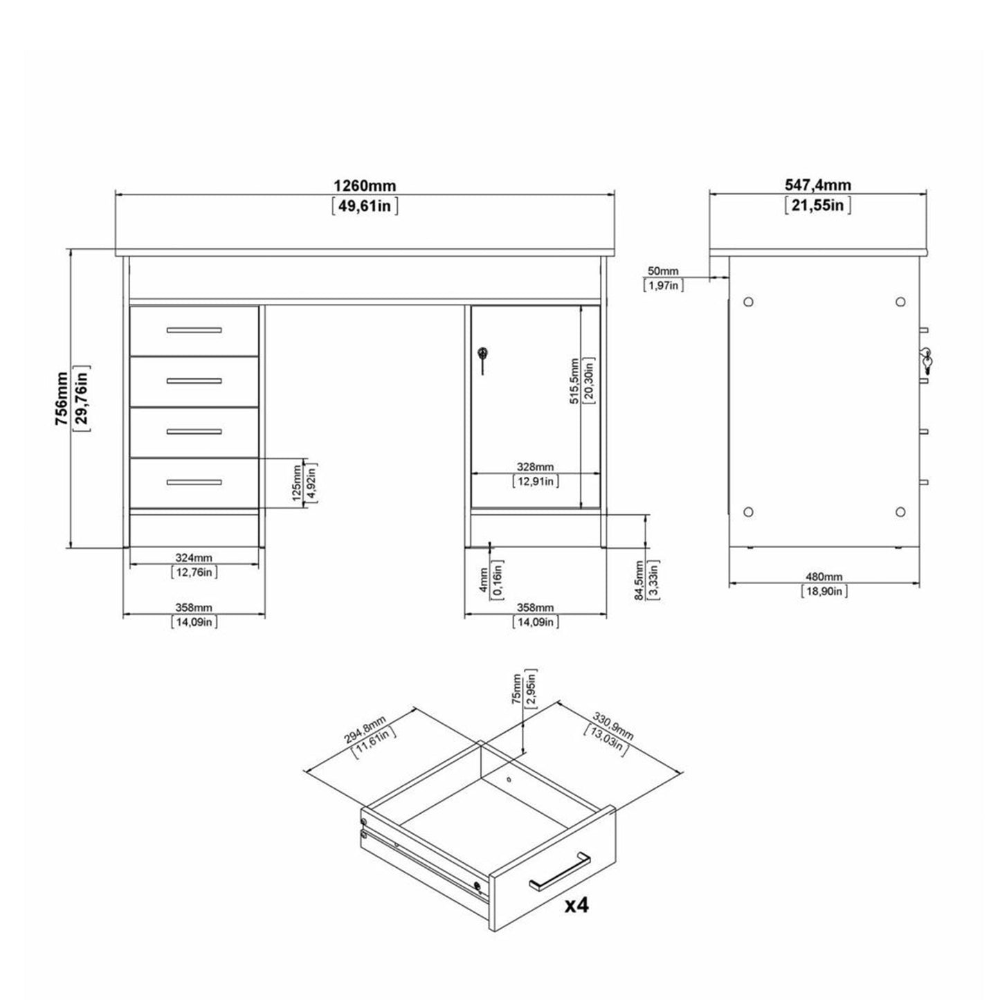Function Plus White and Grey Desk with 4 Drawers 1 Door