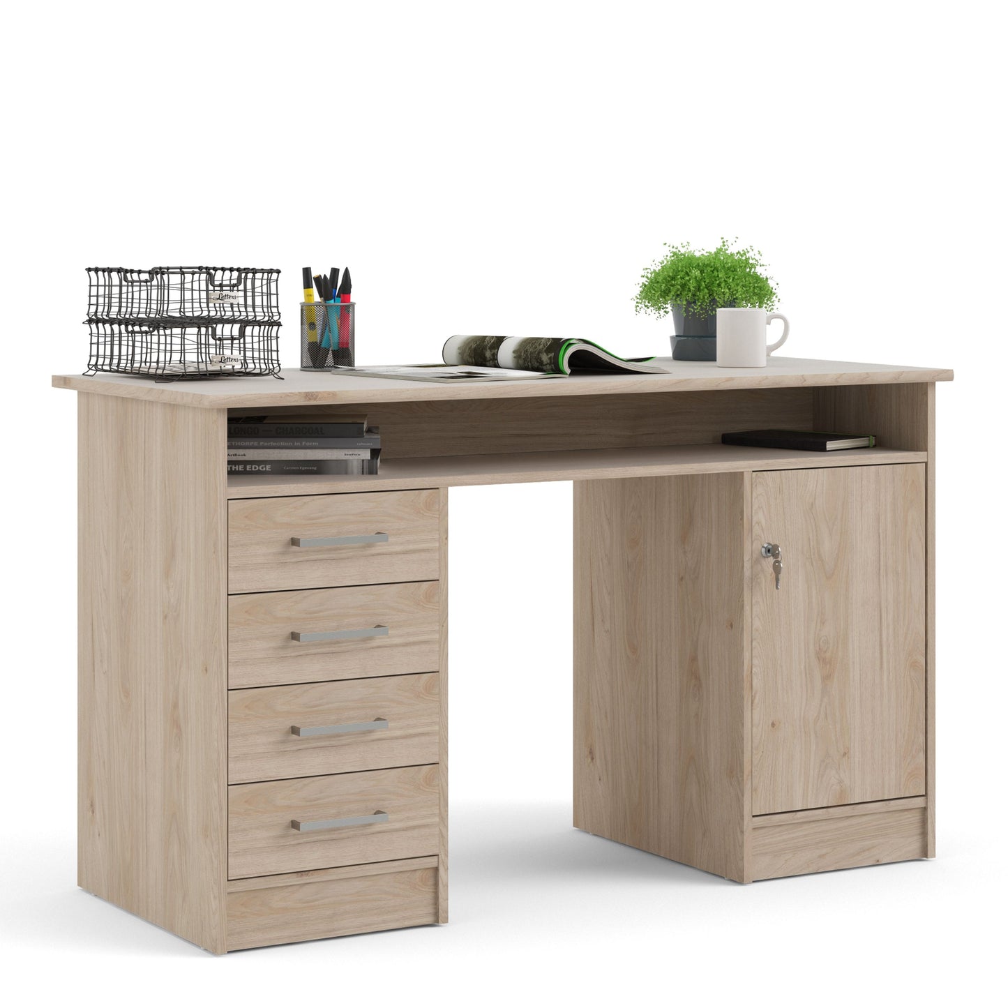 Function Plus Jackson Hickory Oak Desk with 4 Drawers 1 Door