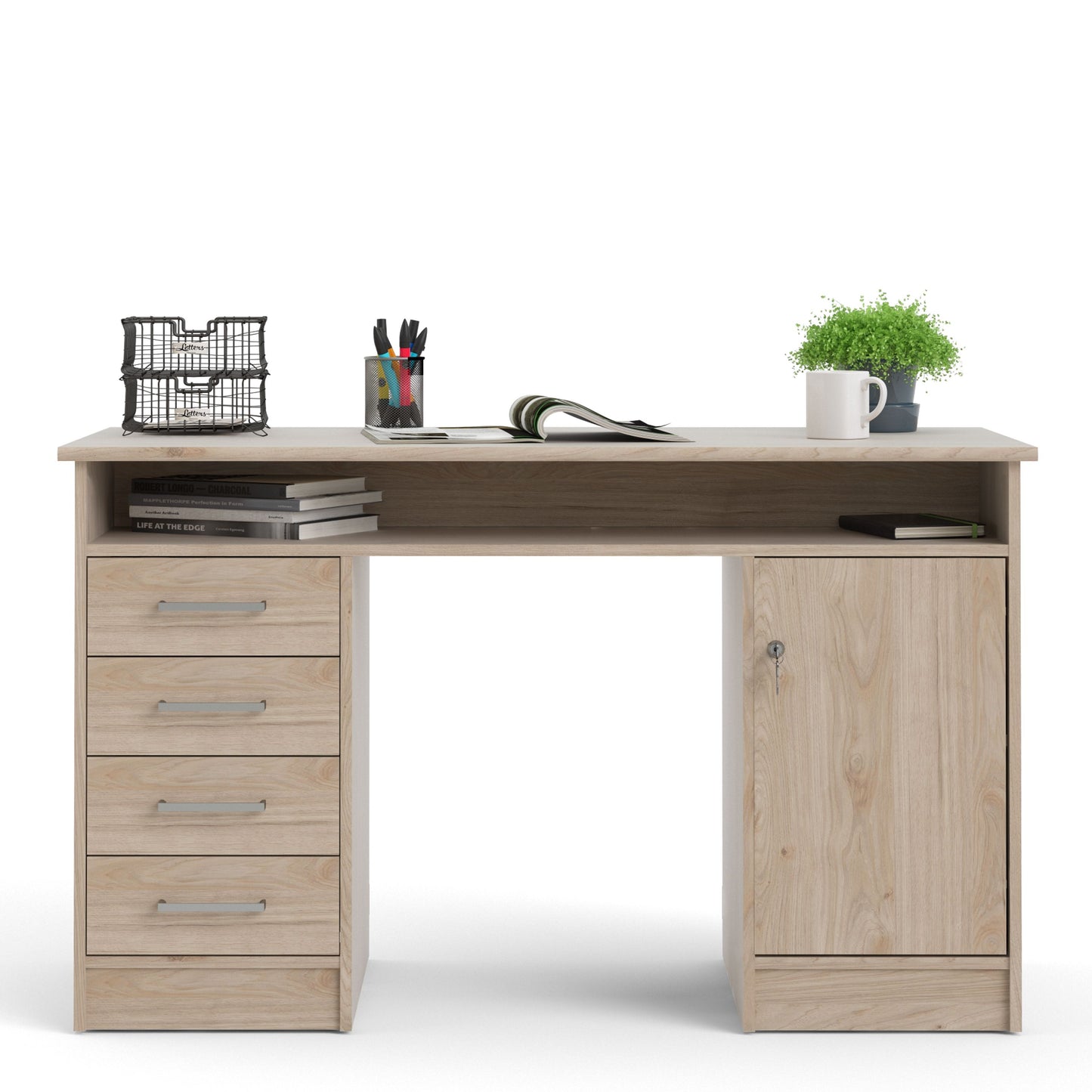 Function Plus Jackson Hickory Oak Desk with 4 Drawers 1 Door