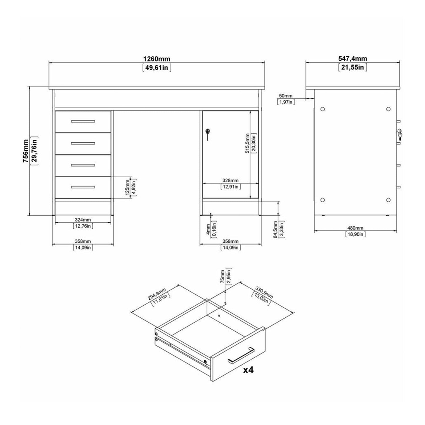 Function Plus Jackson Hickory Oak Desk with 4 Drawers 1 Door