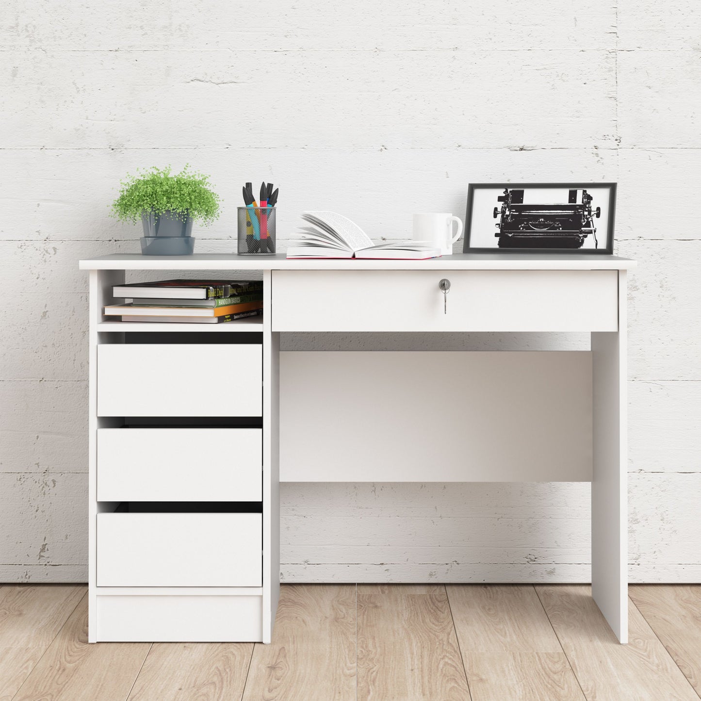 Function Plus 4 Drawer White Desk