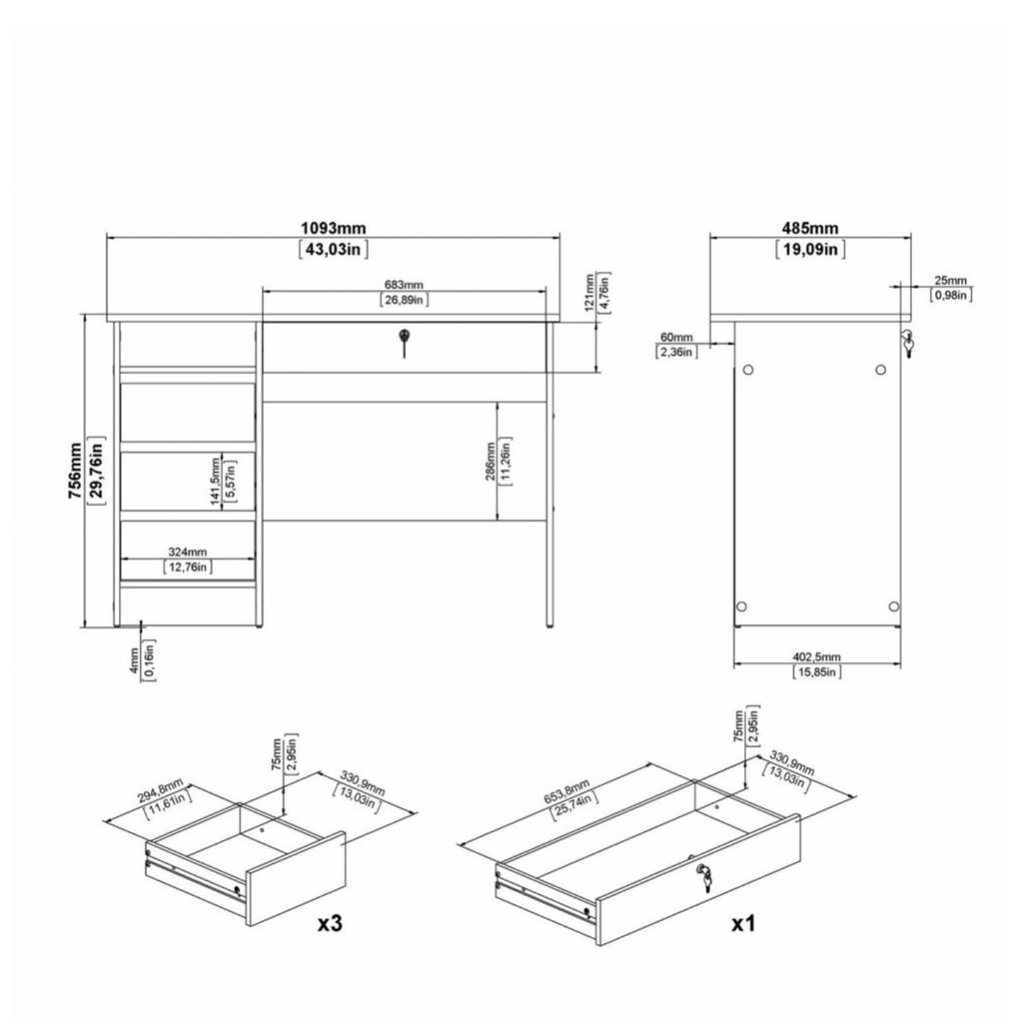 Function Plus 4 Drawer White Desk