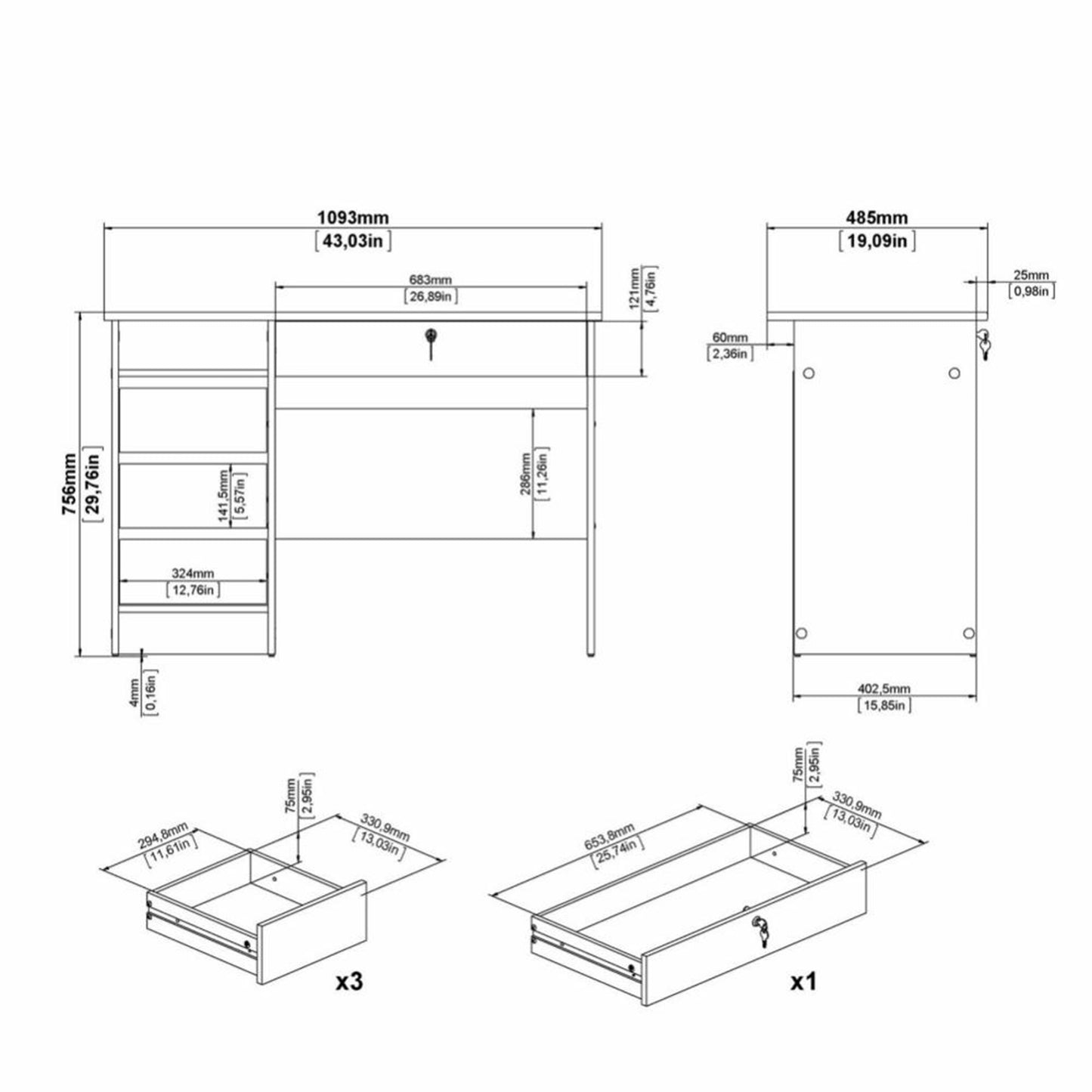 Function Plus 4 Drawer Black Desk