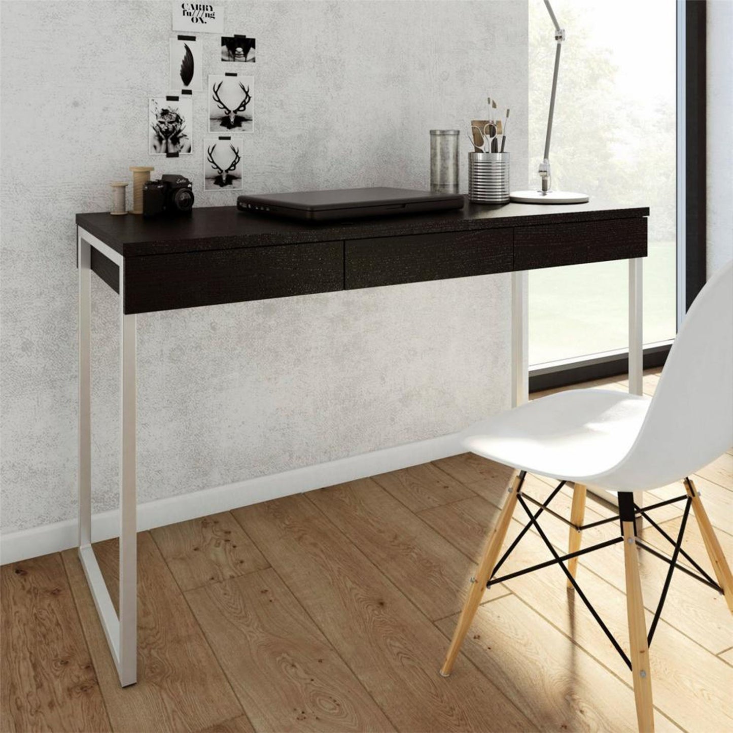 Function Plus Black Desk with 3 Drawers