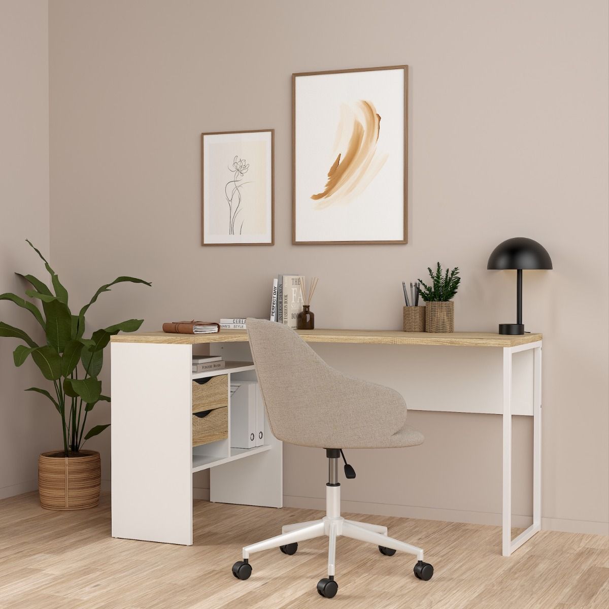 Function Plus White and Oak Corner Desk with 2 Drawers