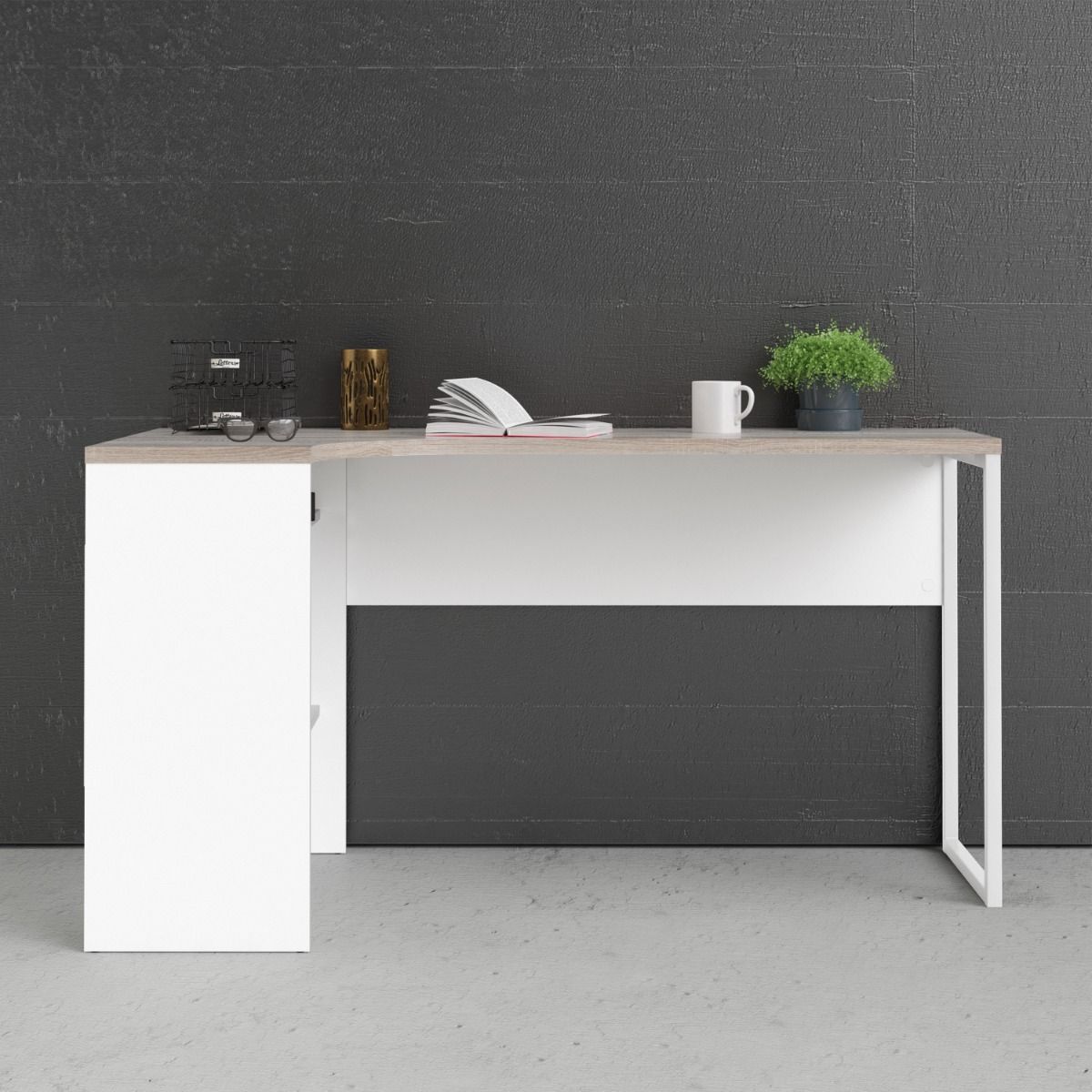 Function Plus White and Truffle Oak Corner Desk with 2 Drawers