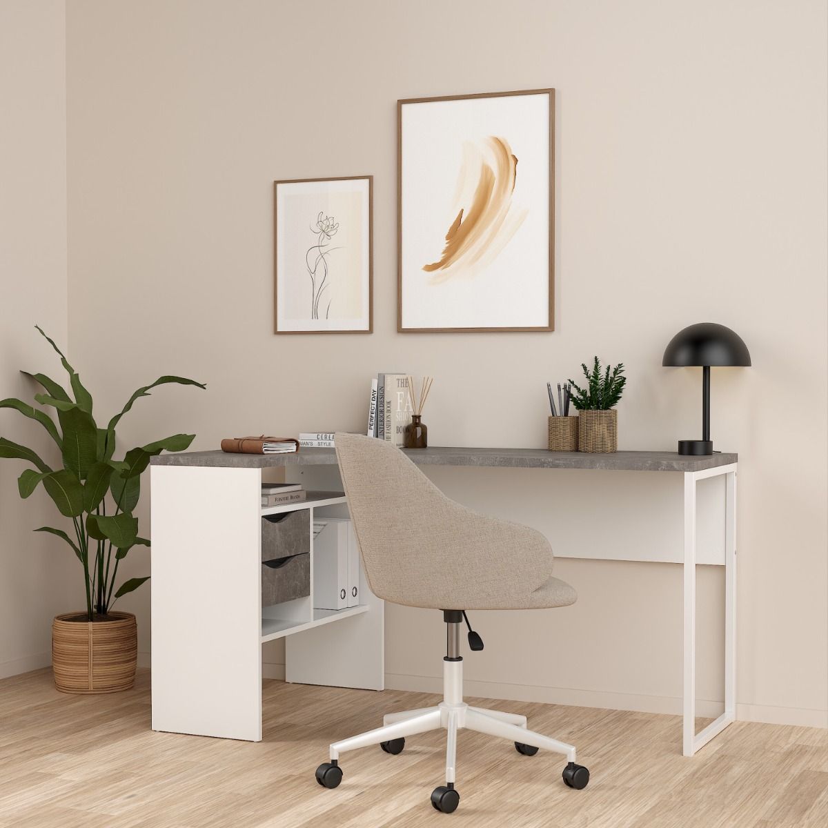 Function Plus White and Grey Corner Desk with 2 Drawers