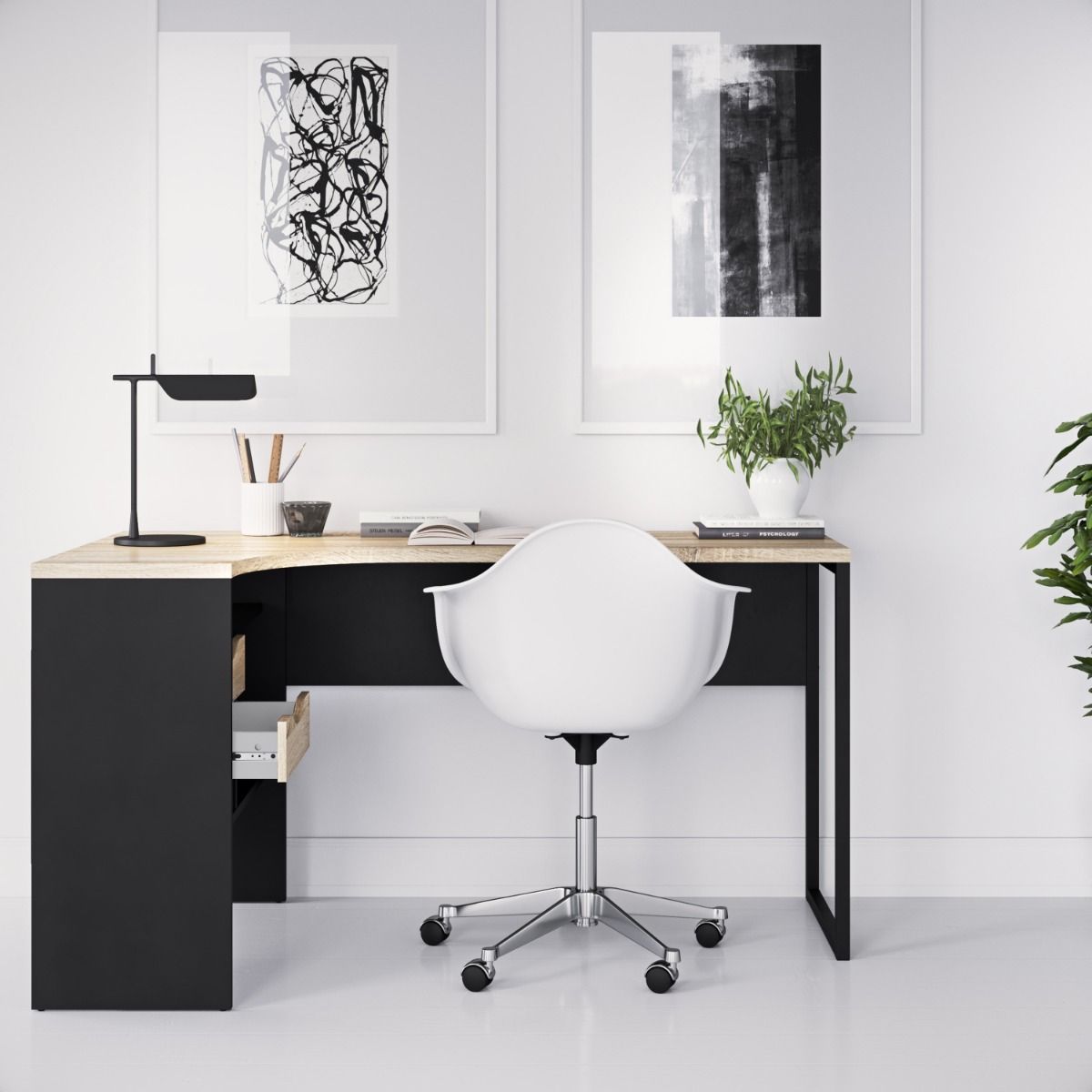 Function Plus Oak and Matt Black Corner Desk with 2 Drawers