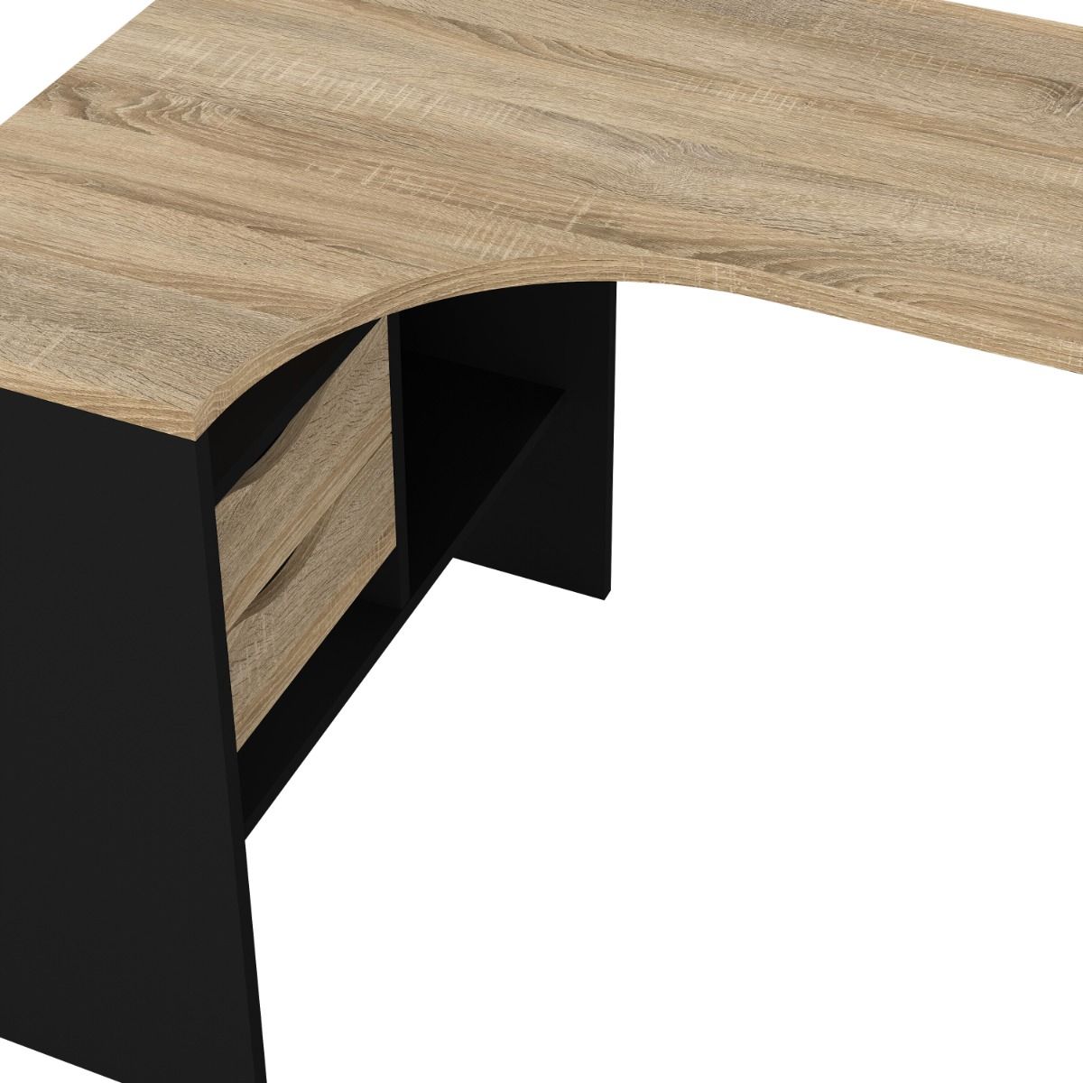 Function Plus Oak and Matt Black Corner Desk with 2 Drawers