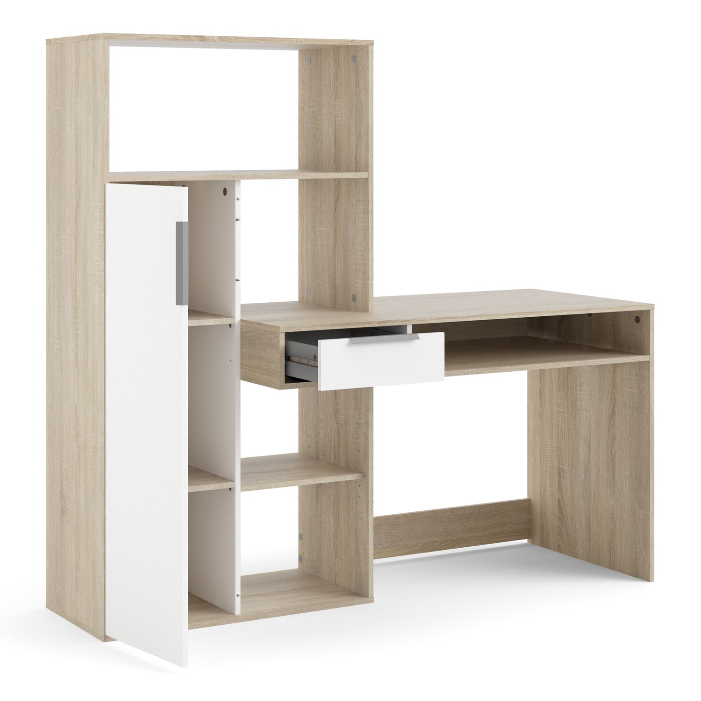 Function Plus Multi Functional Desk with Drawer and 1 Door in White and Oak