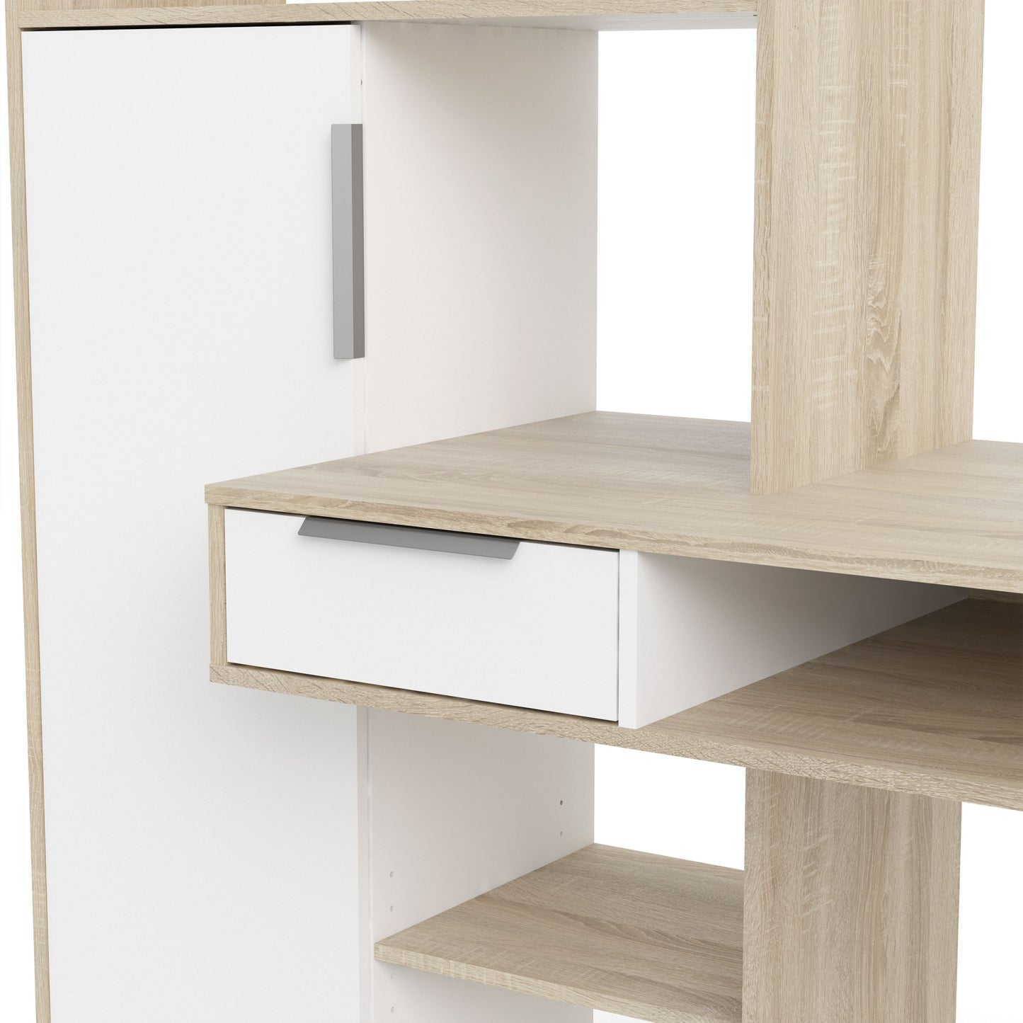 Function Plus Multi Functional Desk with Drawer and 1 Door in White and Oak