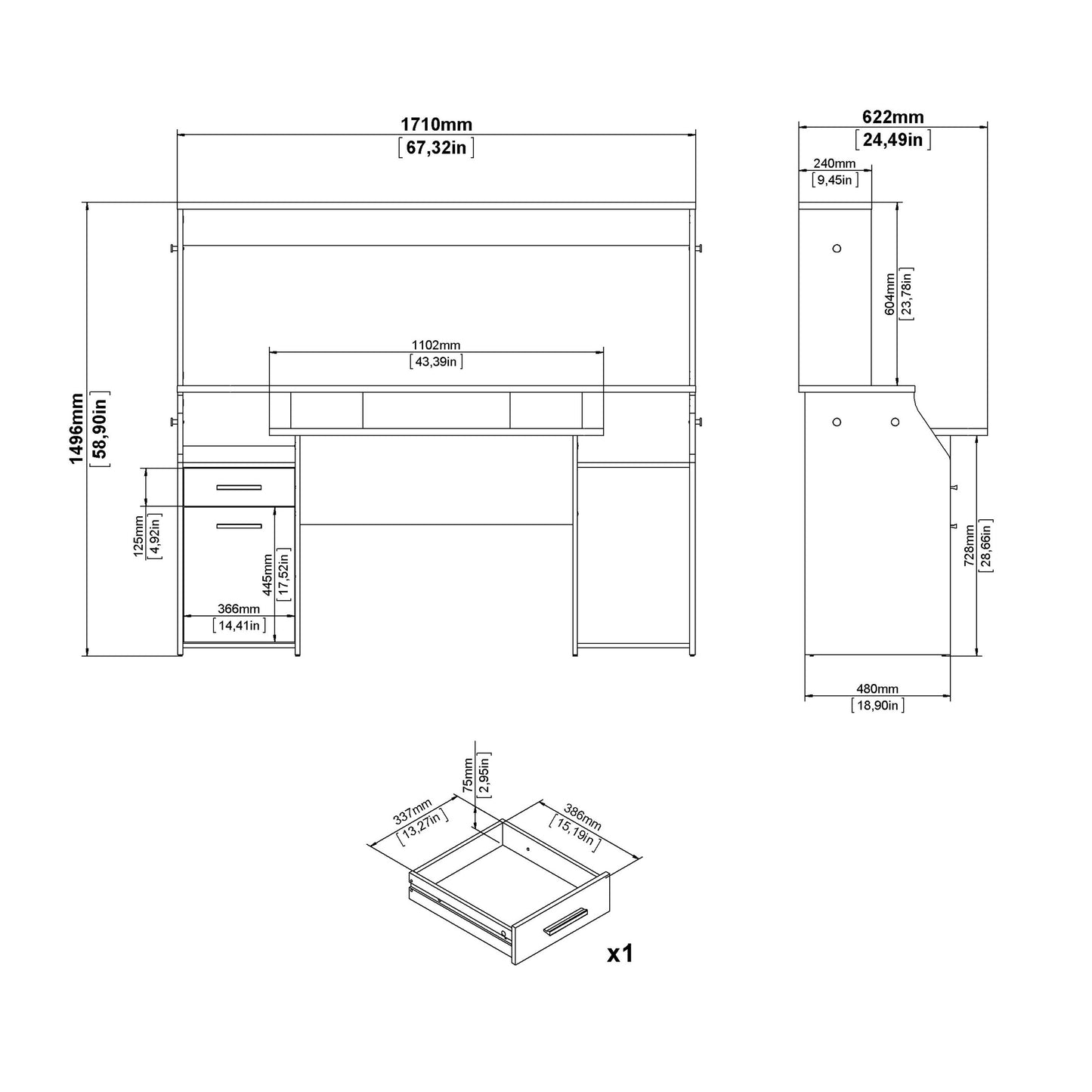 Function Plus Gaming Desk with 1 Door 1 Drawer