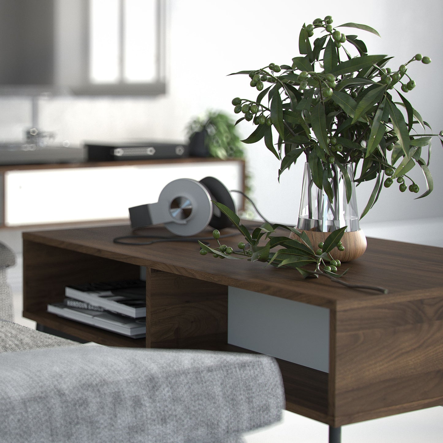 Fur White and Walnut Coffee Table with 1 Drawer