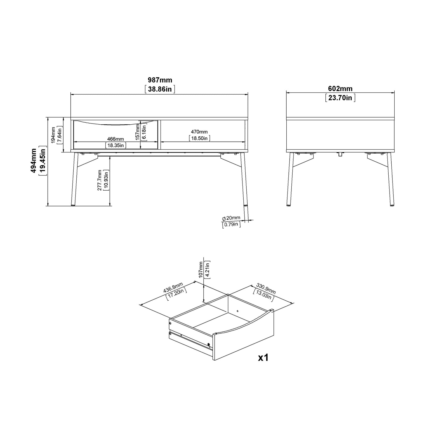 Fur Grey and White Coffee Table with 1 Drawer
