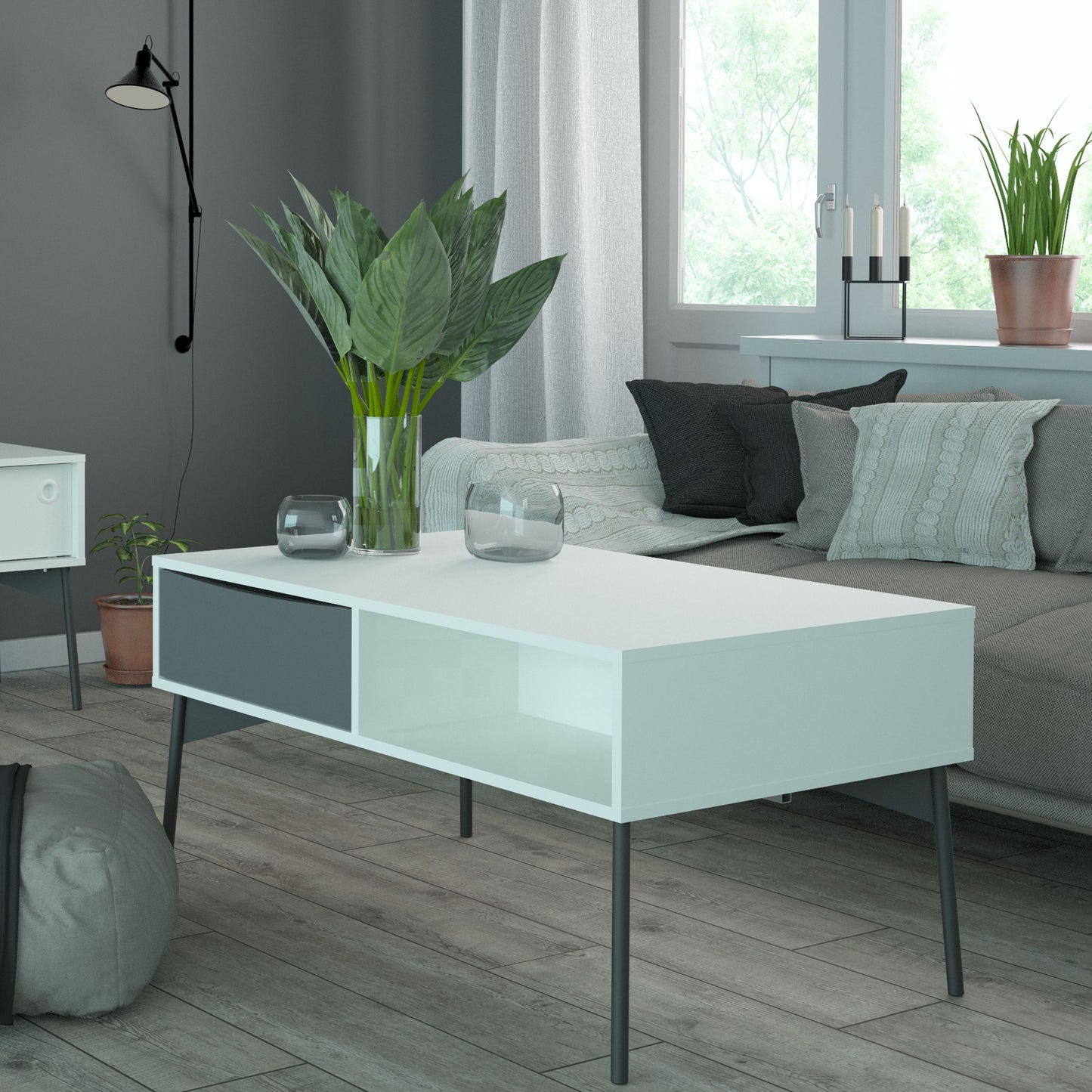 Fur Grey and White Coffee Table with 1 Drawer