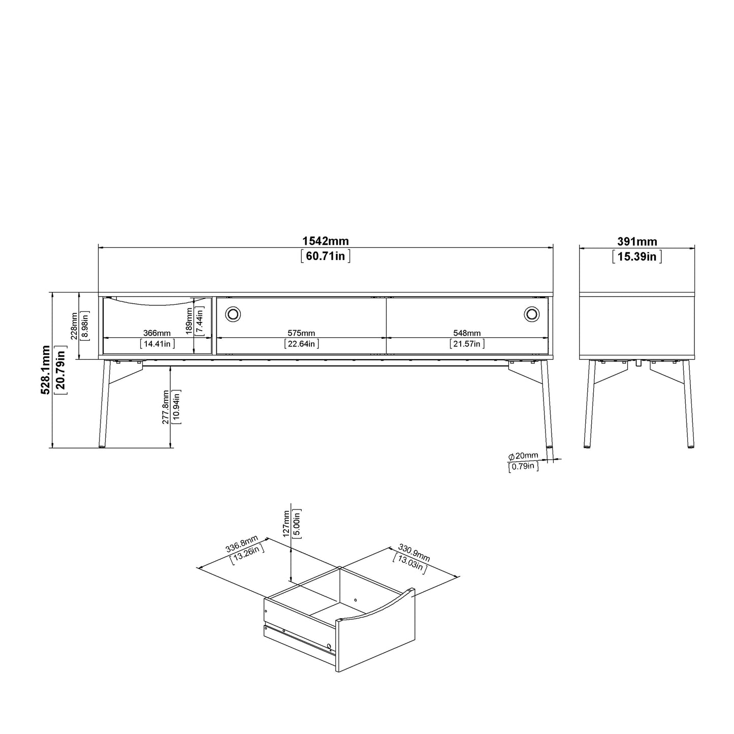 Fur TV-Unit 2 Sliding Doors 1 Drawer in Grey and White
