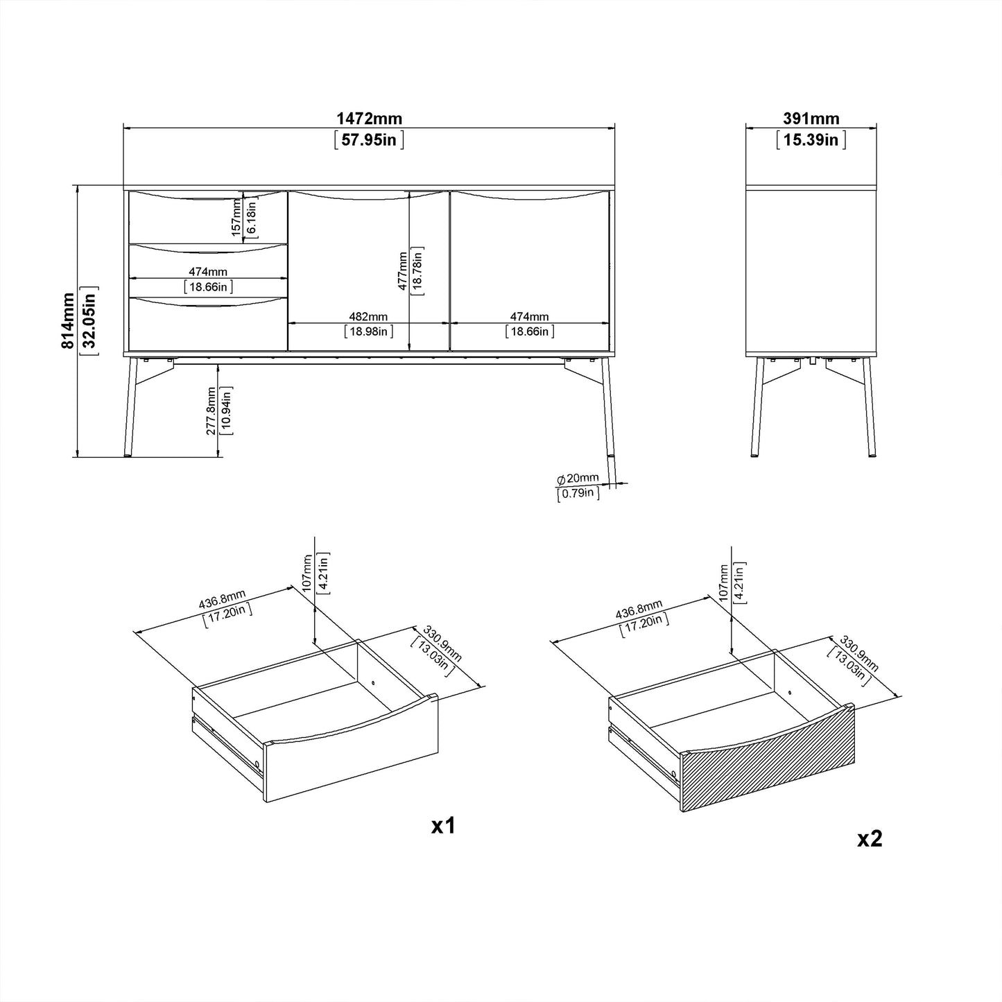 Fur Grey and White Sideboard with 2 Doors 3 Drawers
