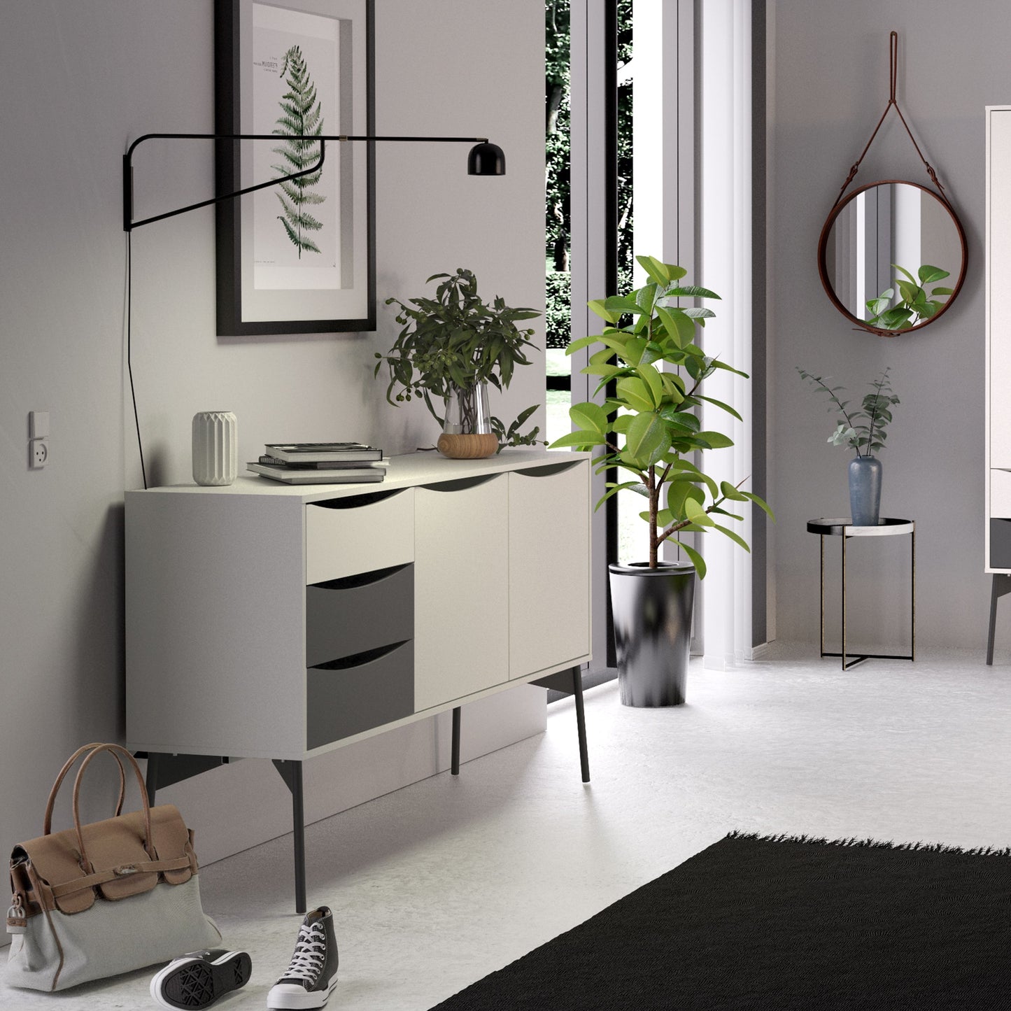 Fur Grey and White Sideboard with 2 Doors 3 Drawers