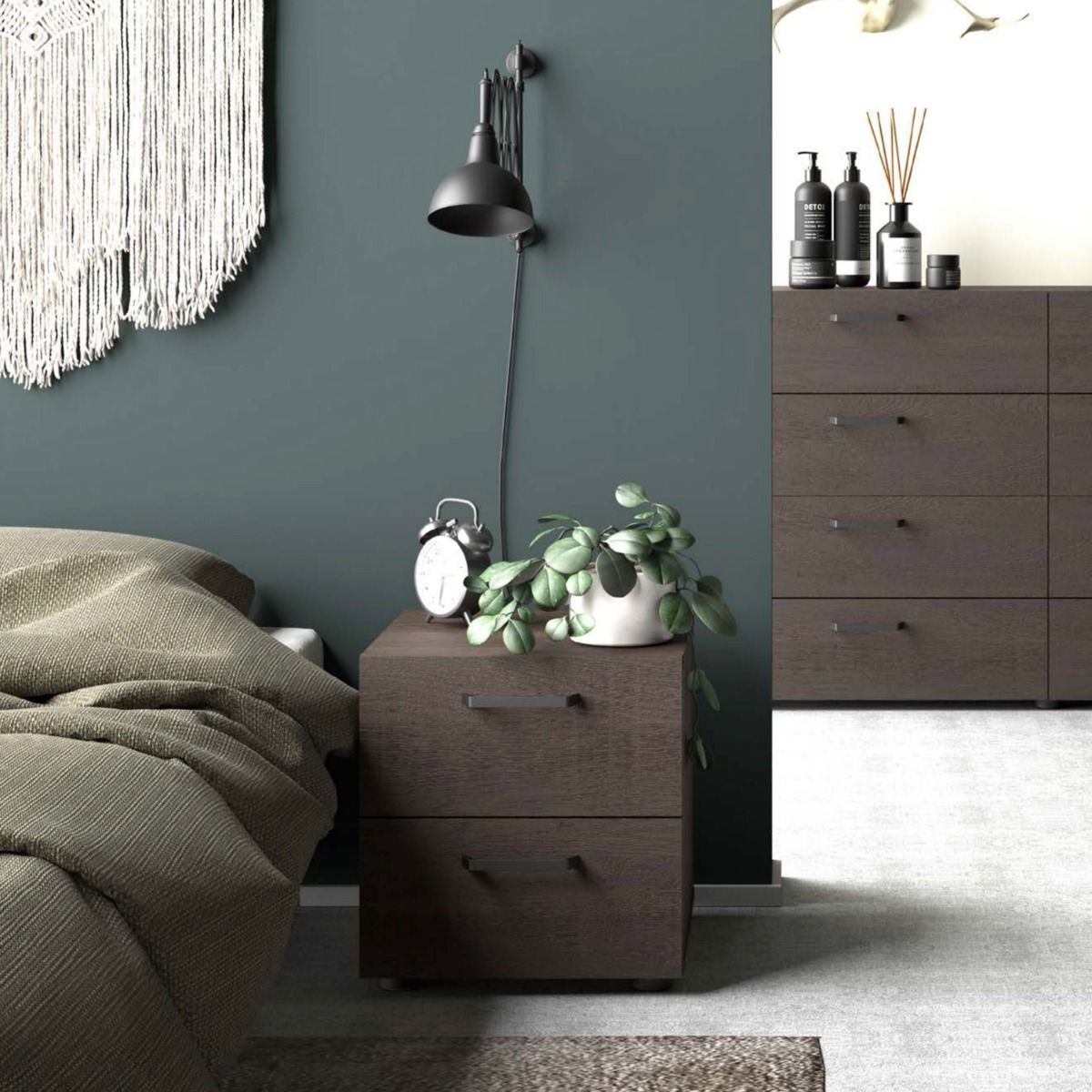 Dallas Bedside Table with 2 Drawers in Rovere Gessato Dark Oak