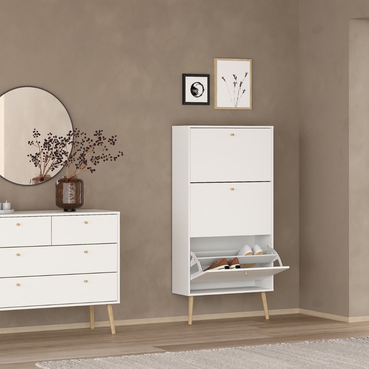 Cumbria White Shoe Cabinet with 3 Flip Down Doors
