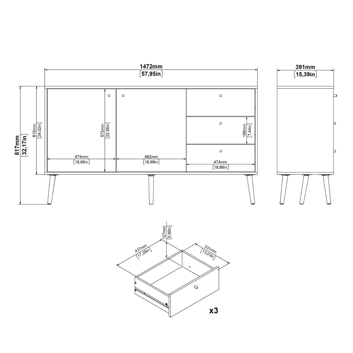 Cumbria White Sideboard with 2 Doors + 3 Drawers