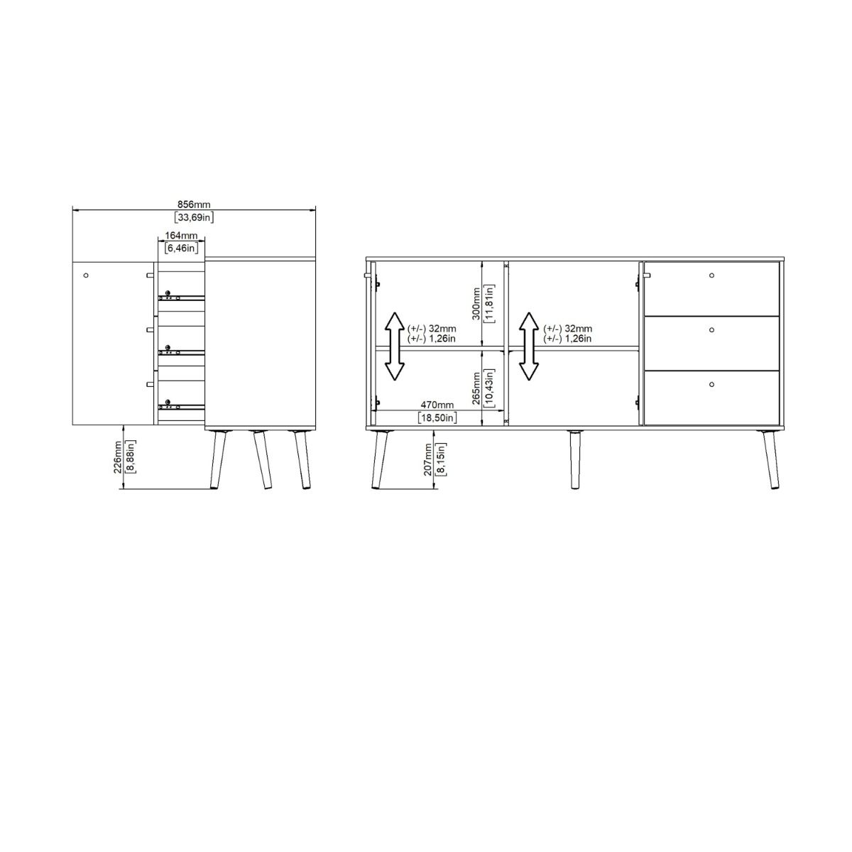 Cumbria Dark Grey Sideboard with 2 Doors + 3 Drawers