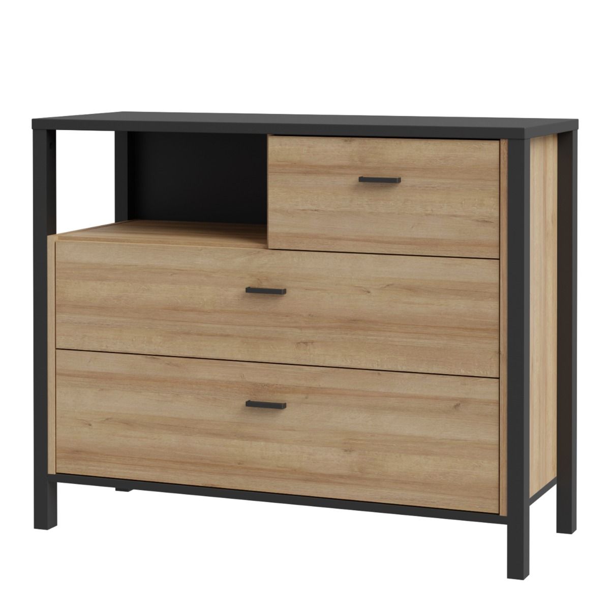 High Rock Chest of Drawers with 3 drawers in Matt Black/Riviera Oak