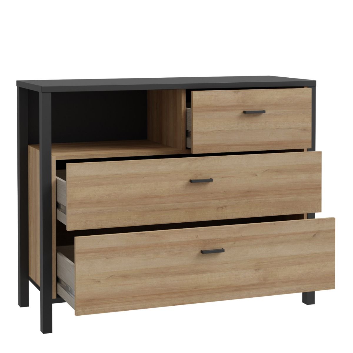 High Rock Chest of Drawers with 3 drawers in Matt Black/Riviera Oak
