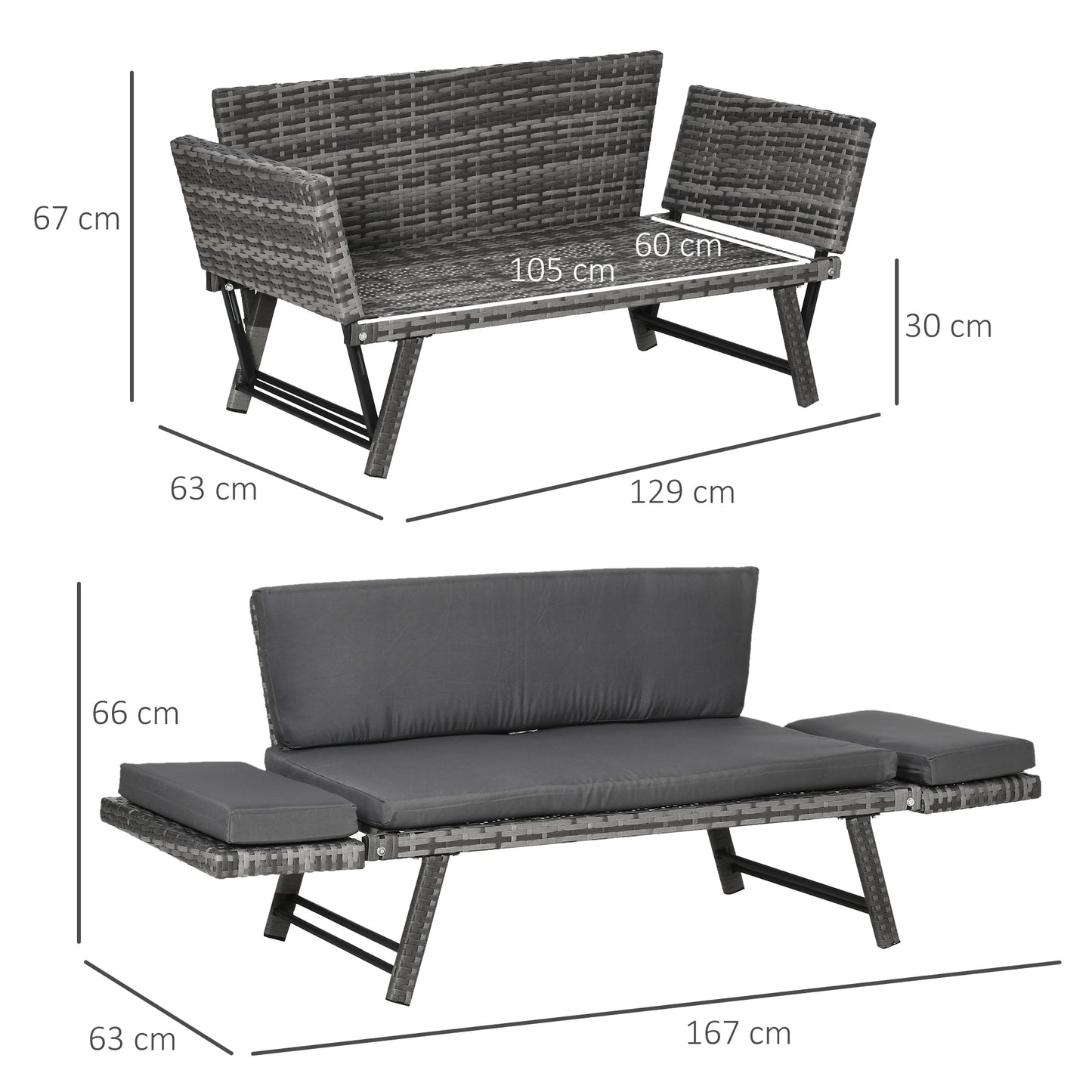 2 in 1 Rattan Folding Daybed Sofa Bench w/Cushion