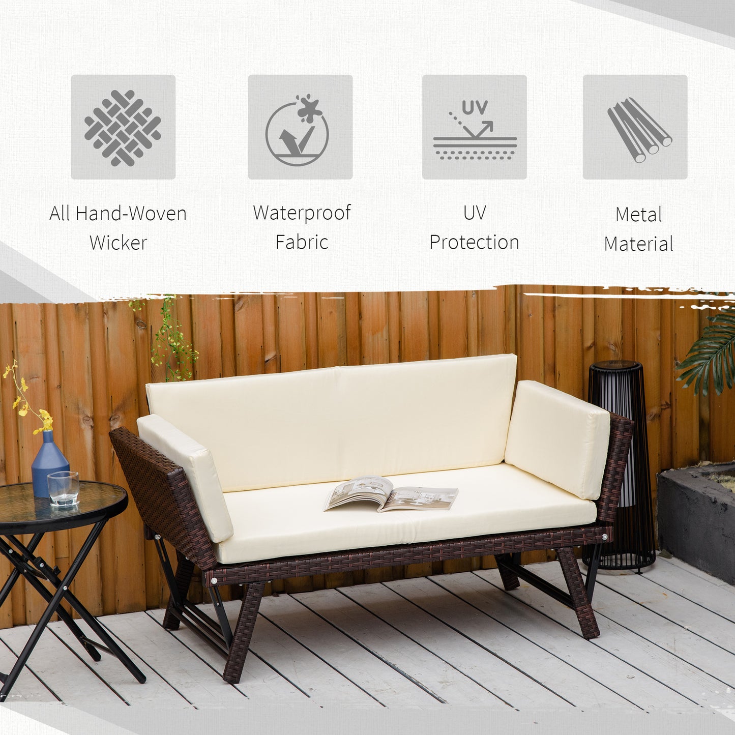 2 in 1 Rattan Folding Daybed Sofa Bench w/Cushion