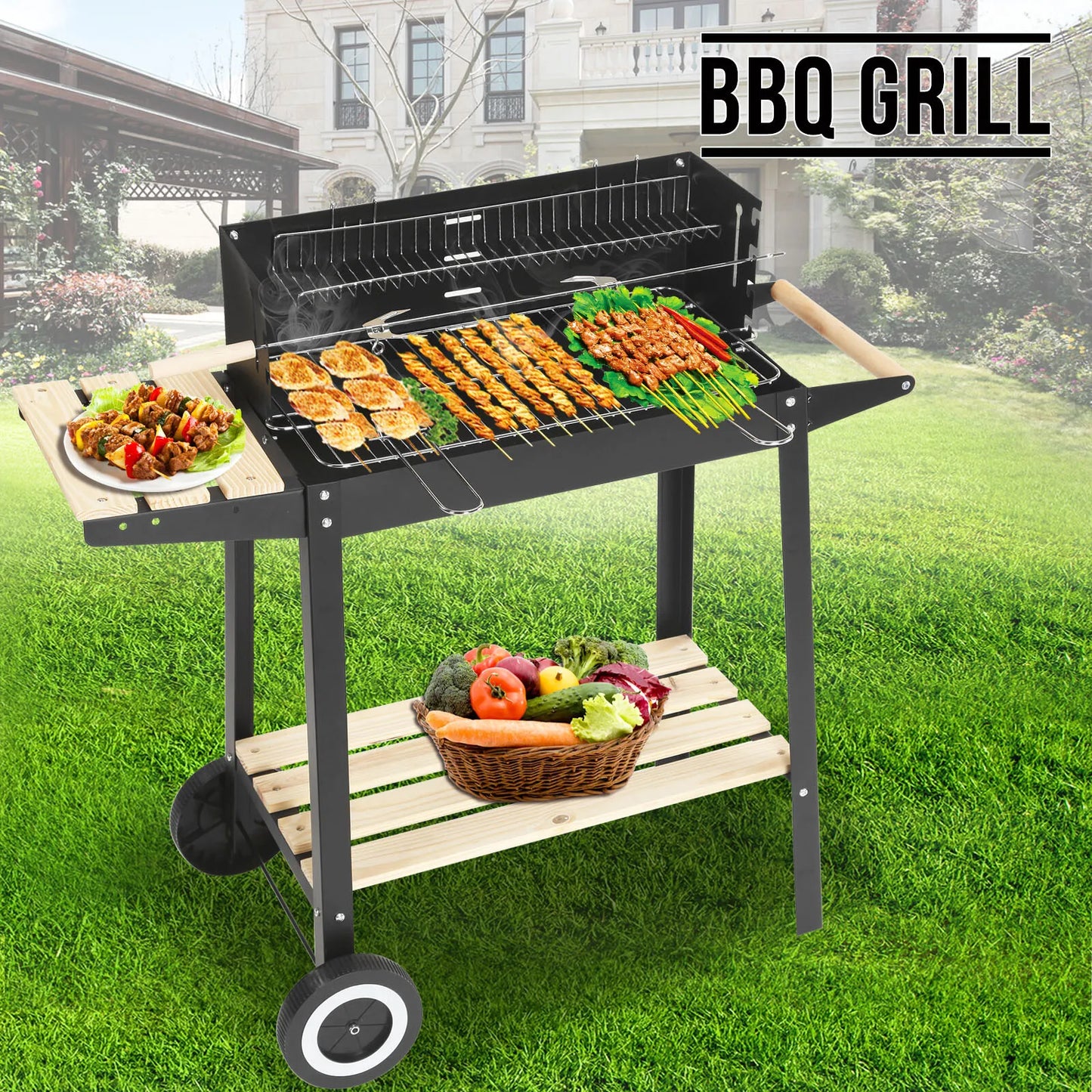Rectangular BBQ Grill with Garden Wheels