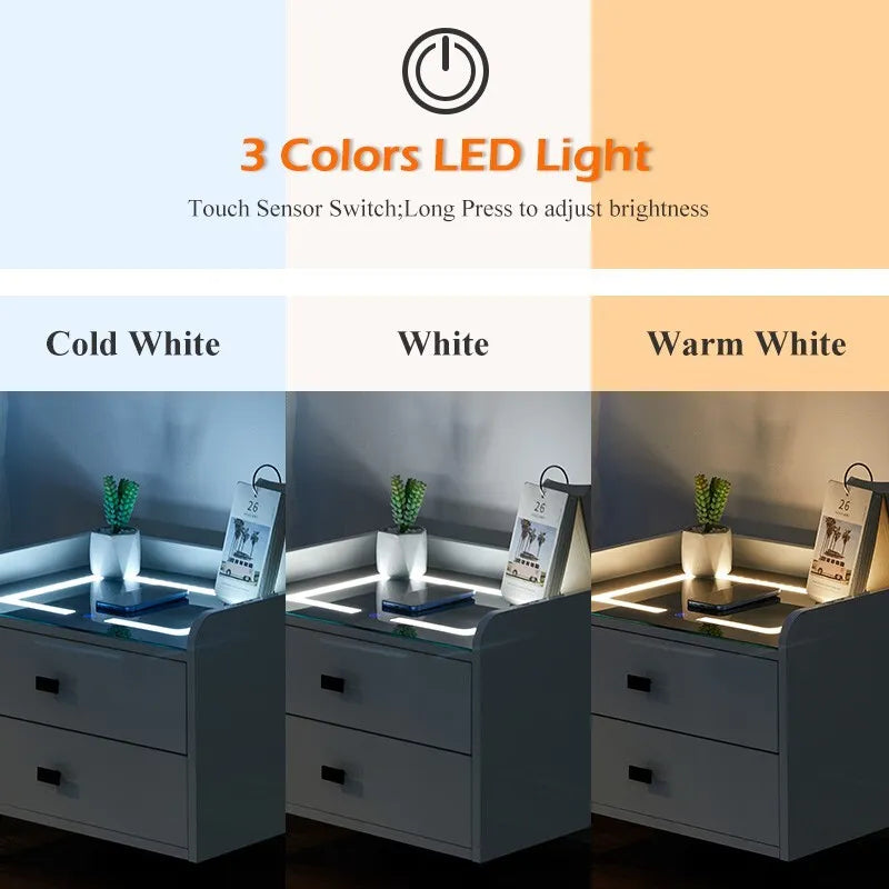 High Gloss White 2 Drawers Bedside Table with LED Light Wireless Charging