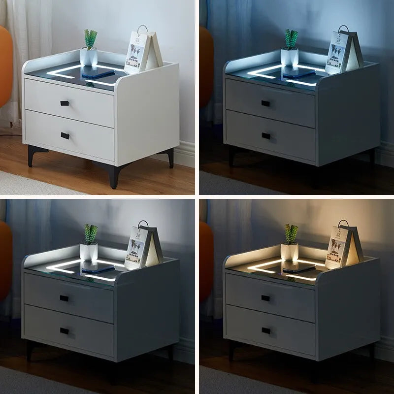 High Gloss White 2 Drawers Bedside Table with LED Light Wireless Charging
