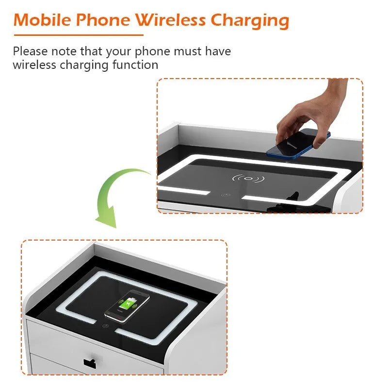 High Gloss White 2 Drawers Bedside Table with LED Light Wireless Charging