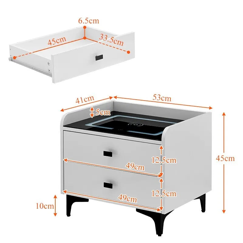 High Gloss White 2 Drawers Bedside Table with LED Light Wireless Charging