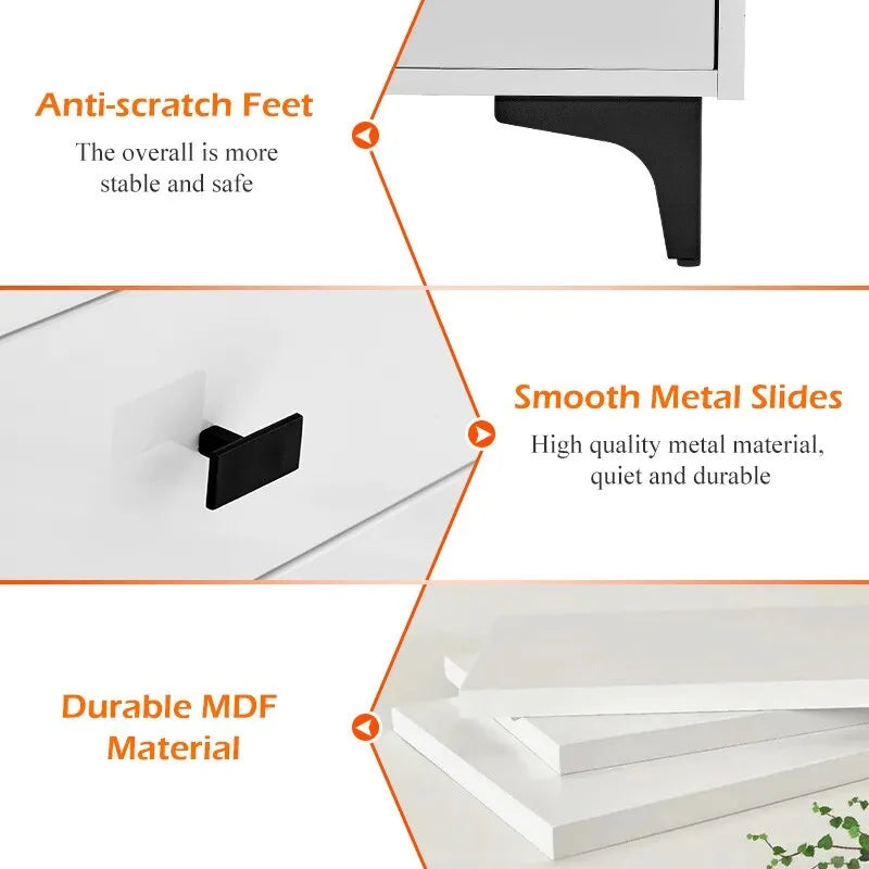 High Gloss White 2 Drawers Bedside Table with LED Light Wireless Charging