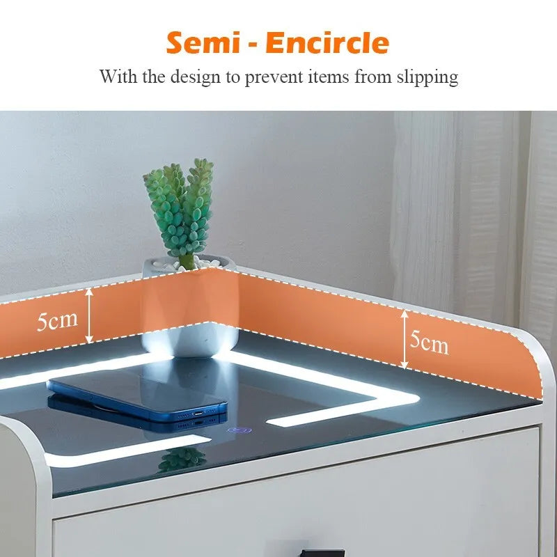 High Gloss White 2 Drawers Bedside Table with LED Light Wireless Charging