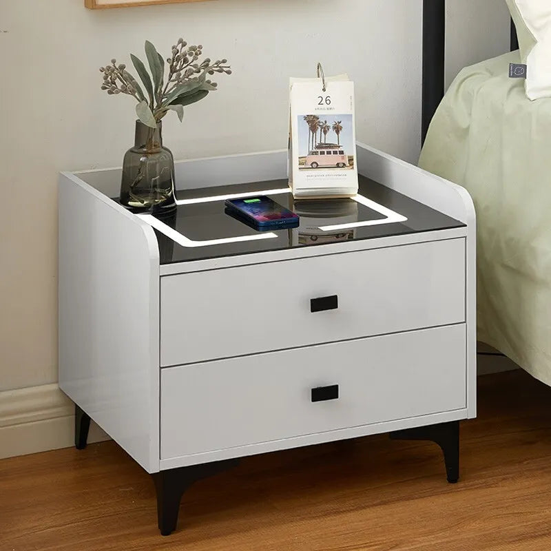 High Gloss White 2 Drawers Bedside Table with LED Light Wireless Charging