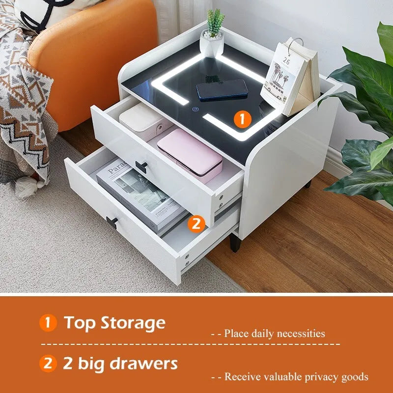 High Gloss White 2 Drawers Bedside Table with LED Light Wireless Charging