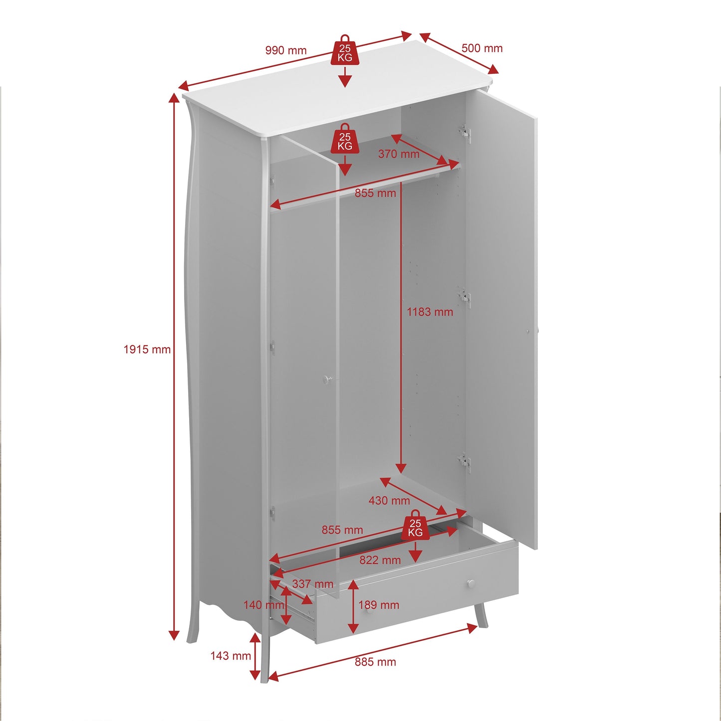 Baroque 2 Door Wardrobe with drawers in Grey