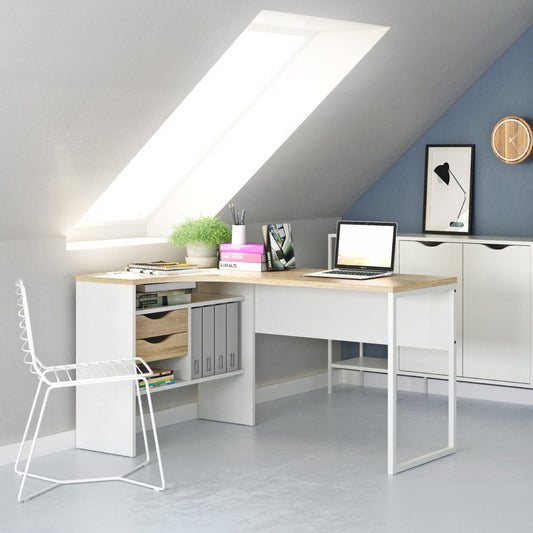 Function Plus White and Oak Corner Desk with 2 Drawers