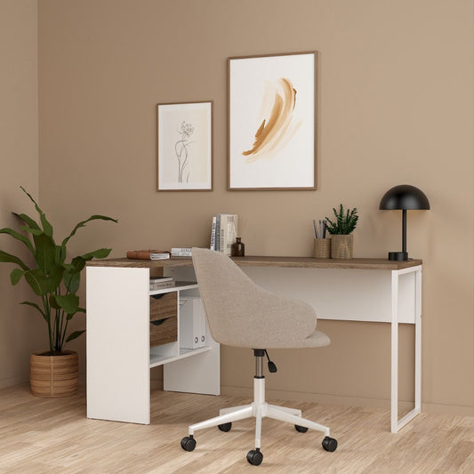Function Plus White and Truffle Oak Corner Desk with 2 Drawers