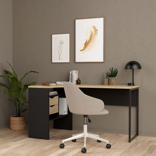 Function Plus Oak and Matt Black Corner Desk with 2 Drawers