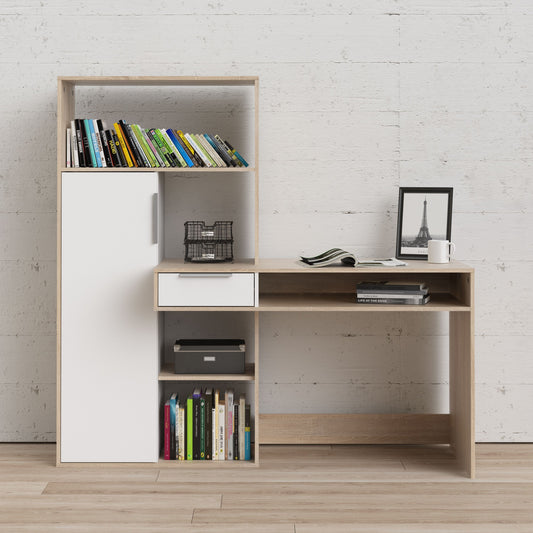 Function Plus Multi Functional Desk with Drawer and 1 Door in White and Oak