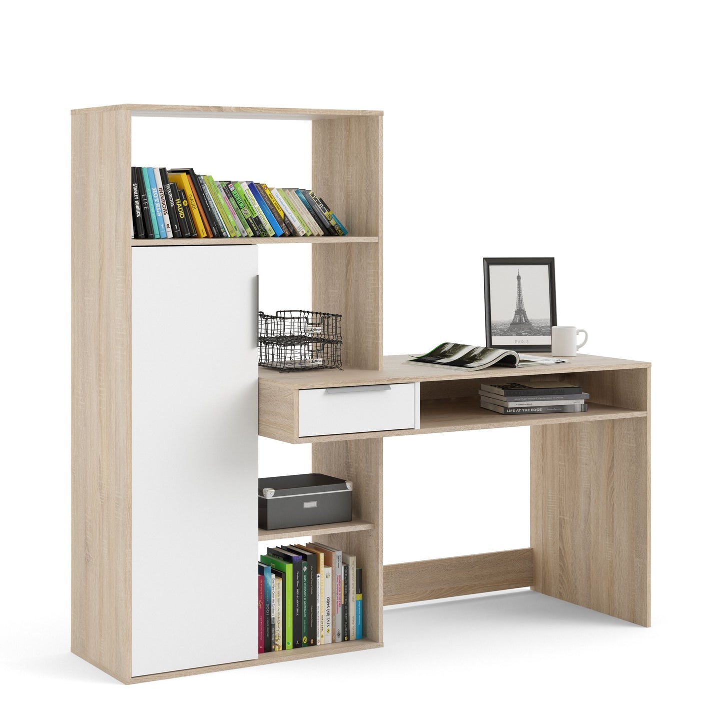 Function Plus Multi Functional Desk with Drawer and 1 Door in White and Oak