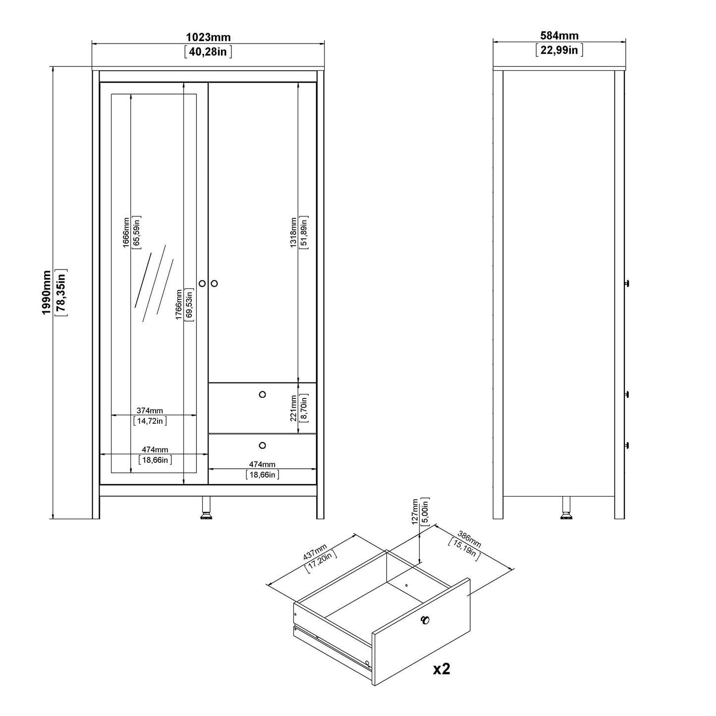 Barcelona 2 Door Mirrored Wardrobe - Black